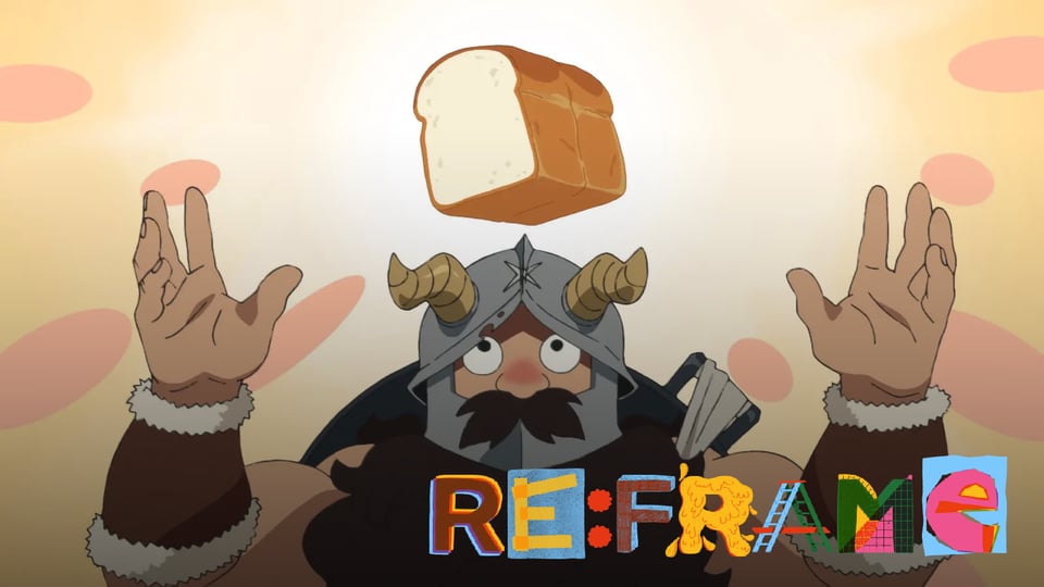 Delicious in Dungeon character, a dwarven warrior and cook named Senshi, raises his arms in praise of a loaf of bread.