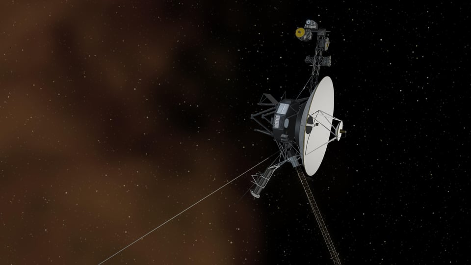 Voyager spacecraft in deep space. A large satellite dish is the most prominent feature. (NASA/JPL)