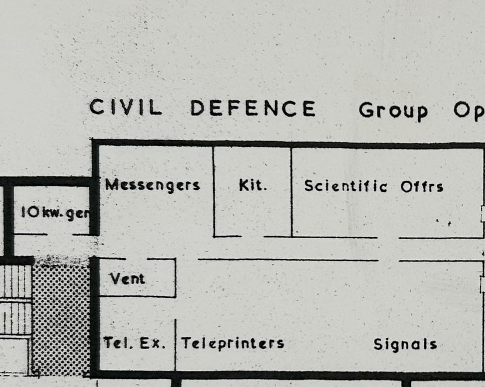 Partial detail of a floor plan for a Civil Defence Group Operations room. The interior rooms include a kit room, a room for scientific officers, and lots of communications equipment, plus a space labelled Messengers