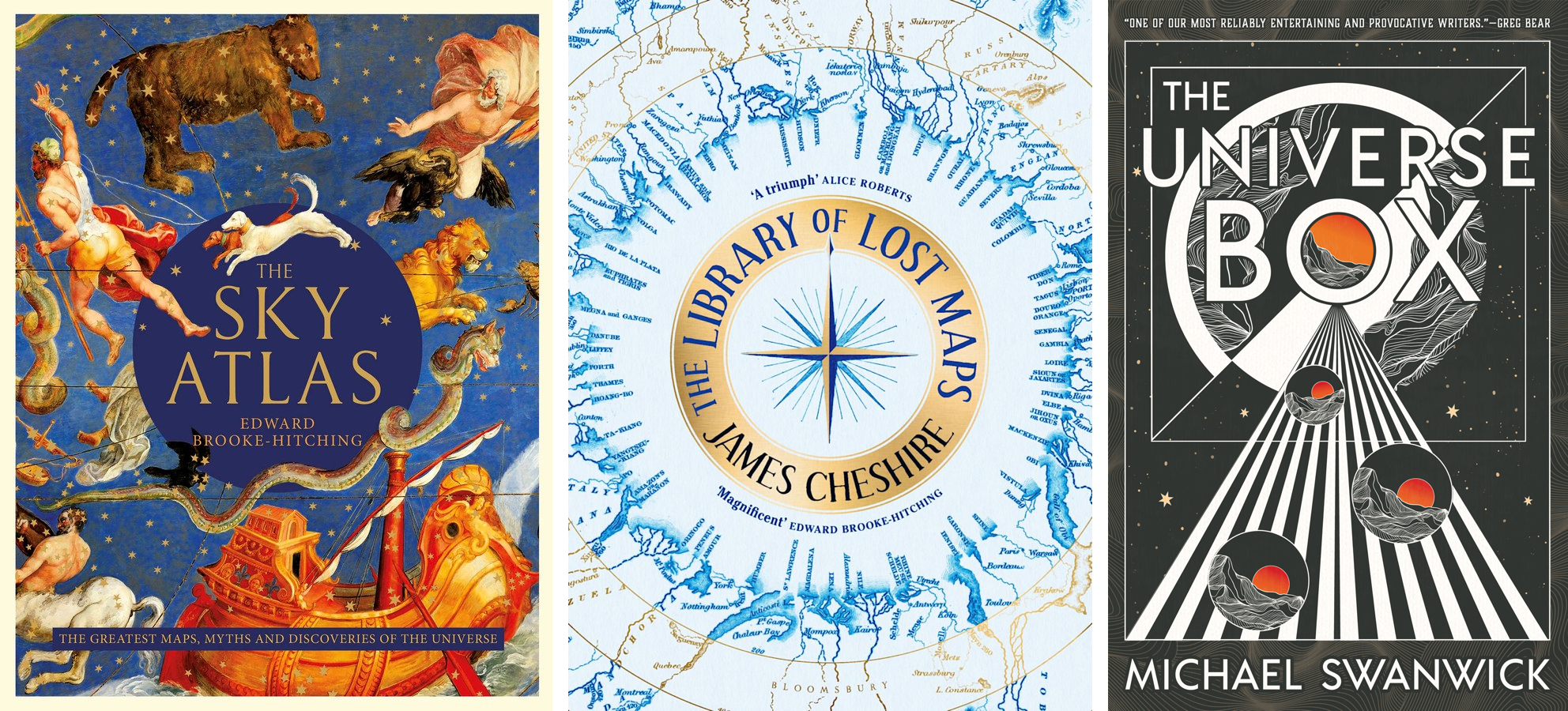 Book covers for The Sky Atlas, The Library of Lost Maps, and The Universe Box