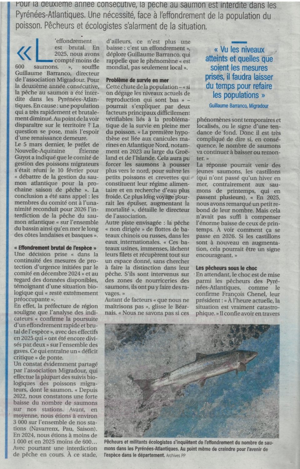 Article de presse du quotidien La République des Pyrénées du 31 mars 2026 s'interrogeant sur la disparition du saumon de l'Adour et citant l'Association Défense des Milieux Aquatiques (DMA) appelant à éloigner les filets de pêche des trois premiers milles de la côte, à l'instar de grands pays étrangers.