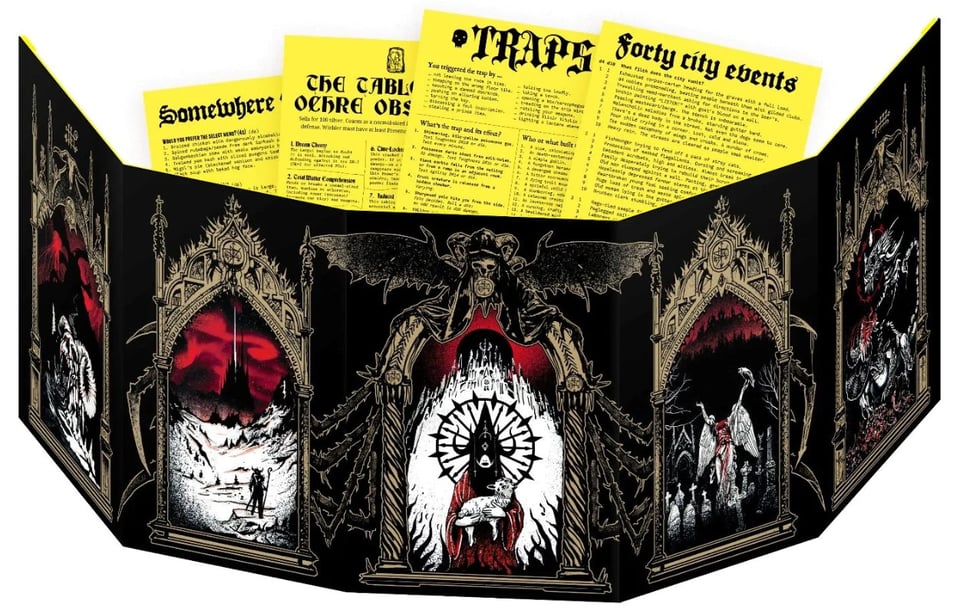 The Mork Borg GM Screen has five panels, printed in gold metallic ink on one side and neon yellow on the other. The GM facing side features tables and rule summaries for quick reference. The player-facing side has artwork depicting various important characters.