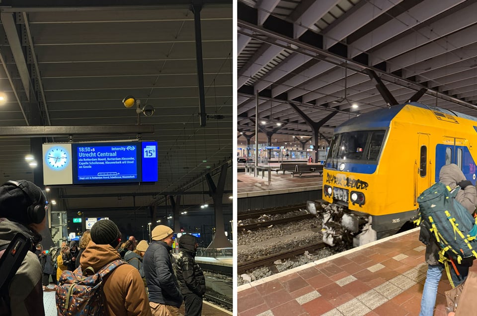 Two photos side by side. Left photo: a train schedule at Rotterdam showing a 5 min delay to Utrecht. Right photos: NS yellow and blue train pulling into the platform at Rotterdam Central Station. NS yellow and blue train pulling into the platform at Rotterdam Central Station.