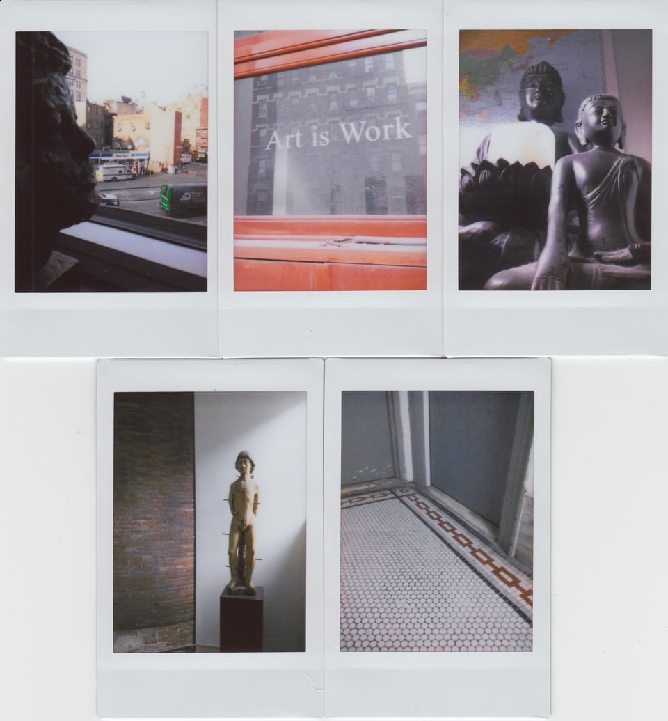 5 Instax photos: a Mobil station through an apartment window, with a sculpture/bust of JFK on the left side, in profile; a transom above a wood door, with the words "Art is Work" painted on the glass; two small sculptures of the Buddha on a shelf in a kitchen, with a world map behind them; a 600-year-old wooden statue of St. Sebastian, in a shaft of sunlight from the upper right, with a white wall and a brick wall in the background; a tile floor in front of a pair of apartment doors