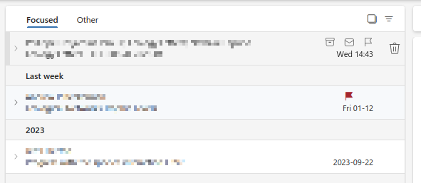 A (blurred) screenshot of my inbox, showing three messages