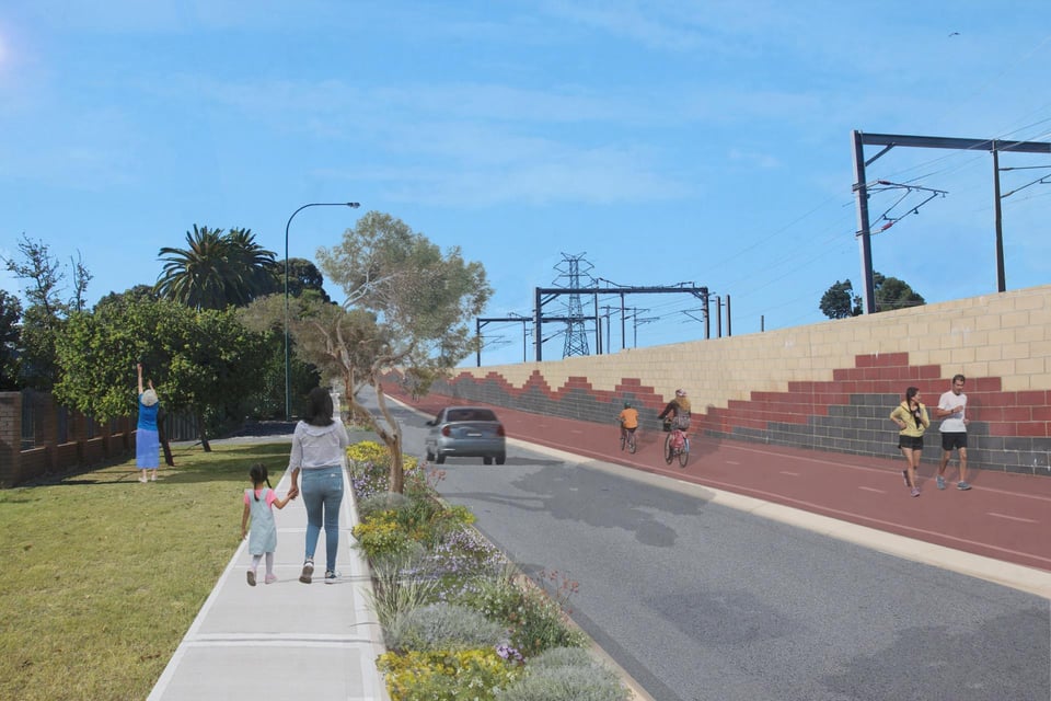 Image of the proposed one-way option, which includes a footpath and green verge between the path and road