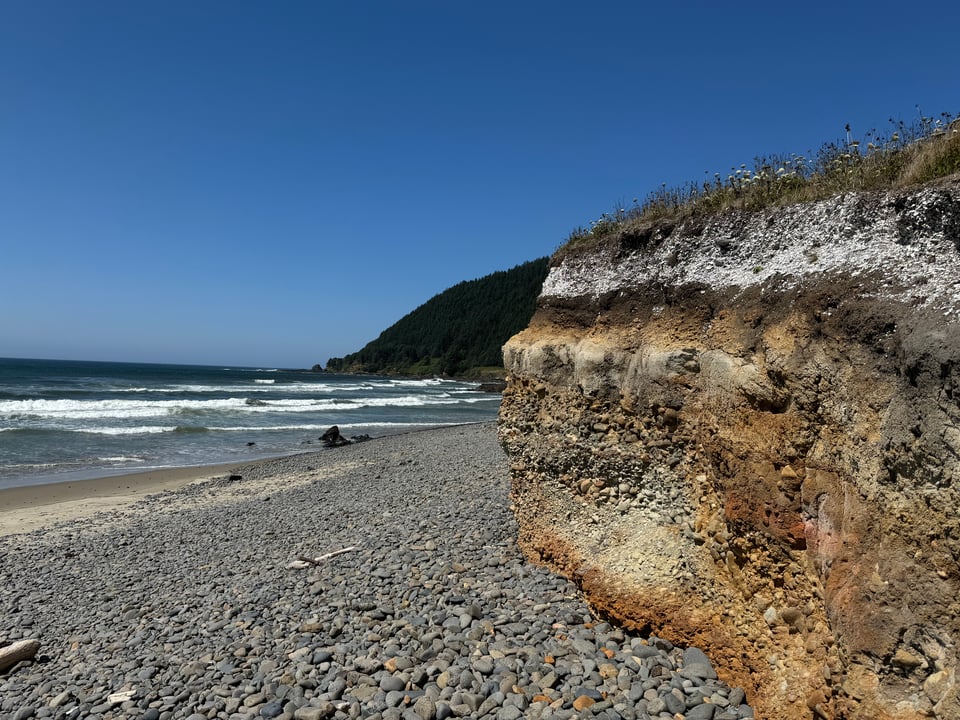 A soil profile exposed along a beach in Oregon. There are many layers of soil and parent material visible with brown, gray, orange, and white colors.