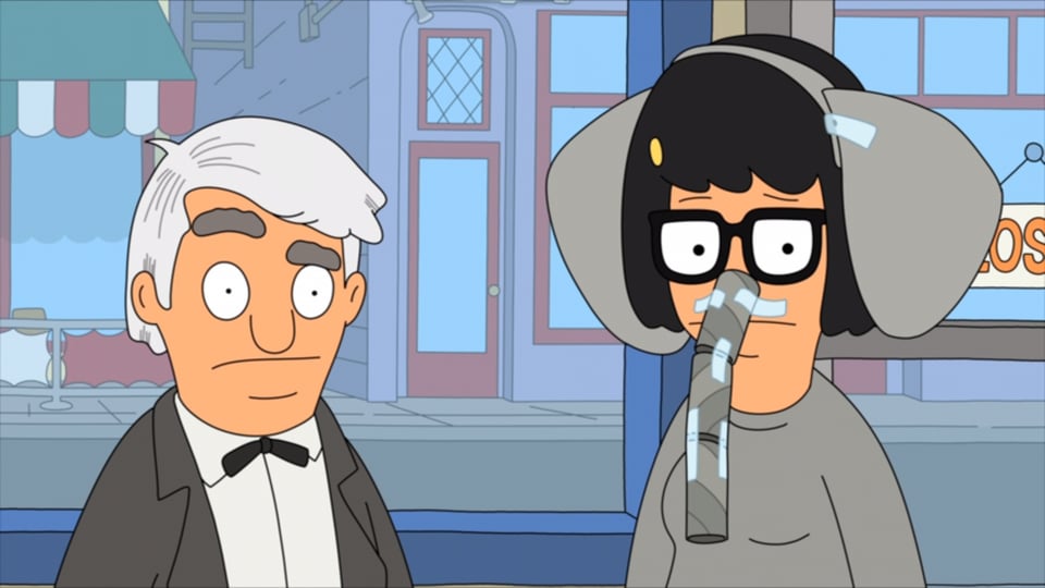Bob's Burgers screenshot of Gene and Tina dressed as Thomas Edison and Topsy the elephant, respectively.