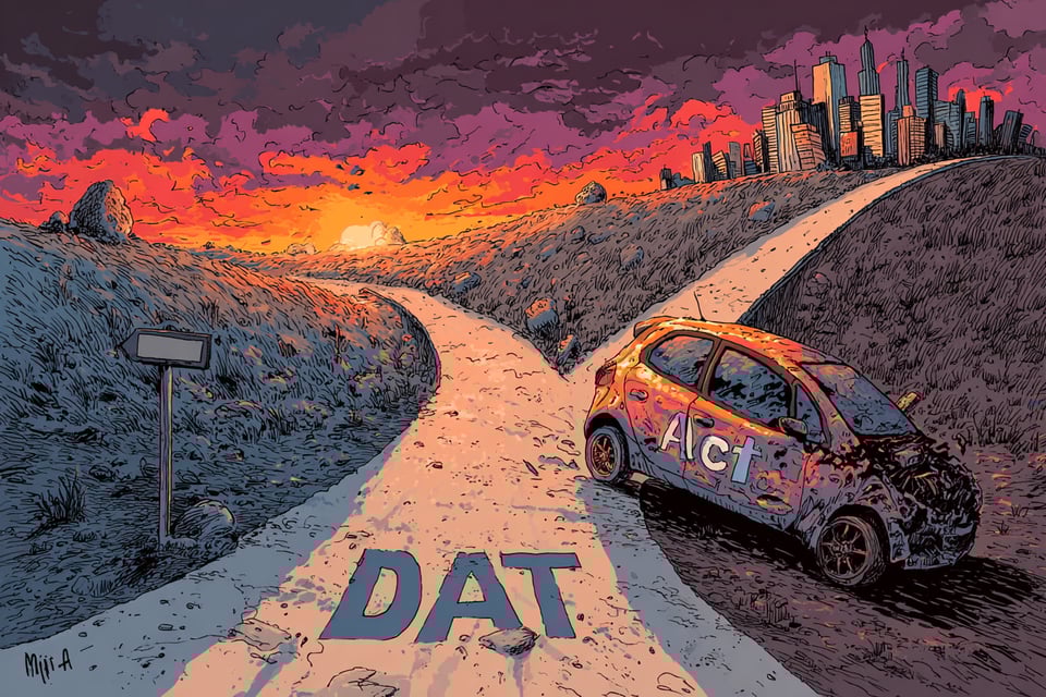 A vibrant editorial cartoon: A battered, small car is at a crossroads. One path leads towards a dramatic, beautiful sunset, the other path, more challenging and uphill leads to a gleaming, modern city. The car has the words "DAT" and "Act" on the side