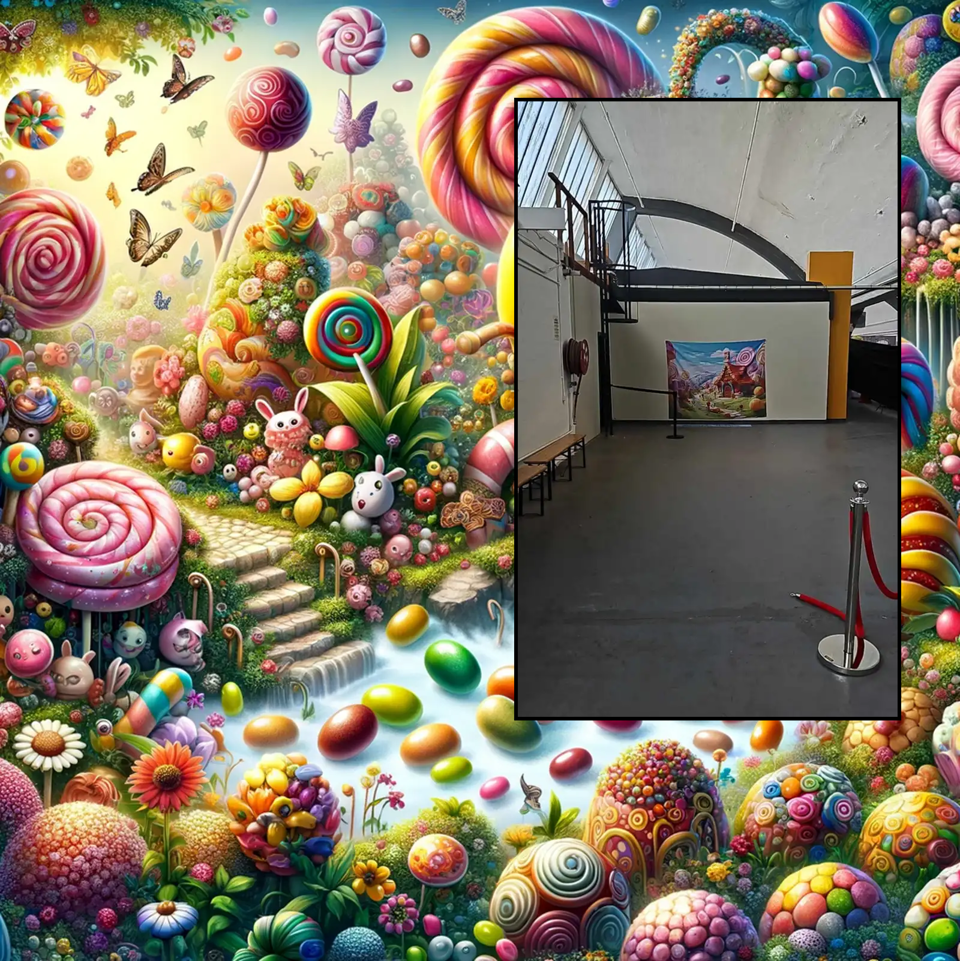 In the large, encompassing image: a florid wonderland, with lollipops, butterflies, Easter eggs, and jellybeans, all living in a magical spring place. This is an AI-generated piece, which you can notice upon closer inspection of the "animals"--eyes are misplaced and faces are distorted. Placed in an image to the right, in a black-bordered box, is the reality: a large, grimy warehouse space. There is a big open floor, and taped to one wall is a small picture of a gingerbread house, wit a lollipop chimney. Several cordons lay off to the side.