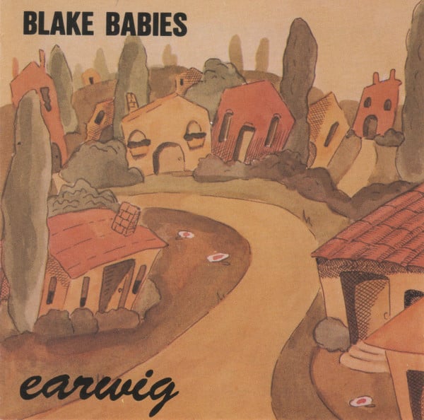 A drawing of a small village painted in watercolor earth tones: brown, copper, adobe red, grey-green. A winding path goes between several houses and trees and bushes. There are a few flowers on the ground -- white circles with orange centers, like eggs.