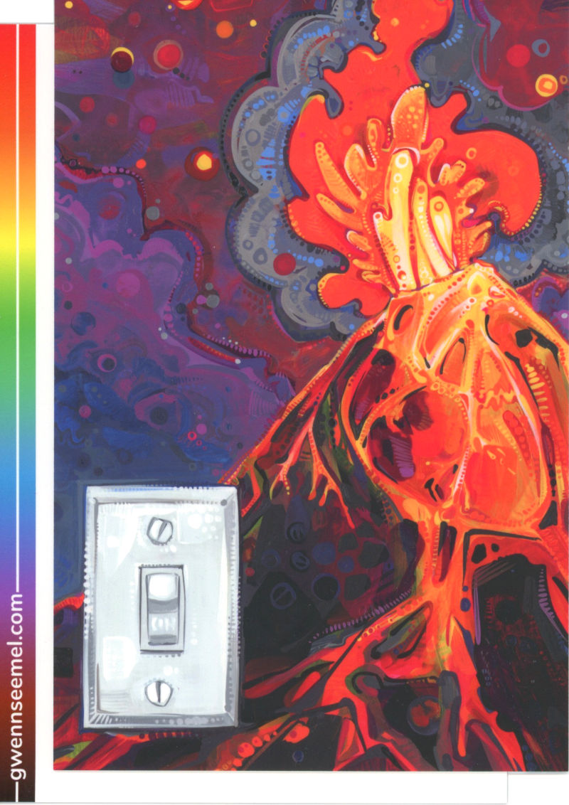image of the back and front of a postcard with art on it, depicting a volcano spewing a heart of lava and an on-off switch