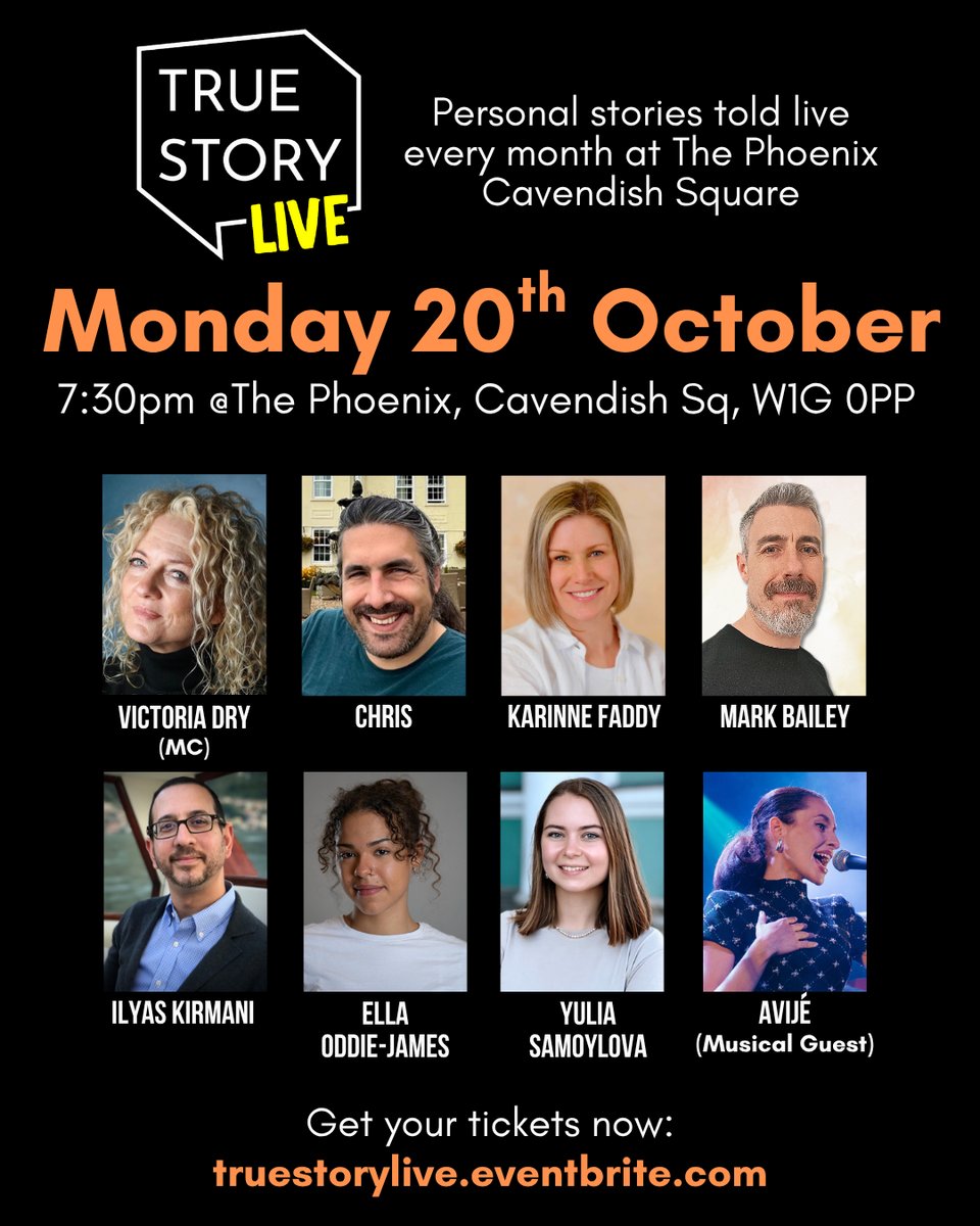 a flyer for true story live featuring storyteller images and names