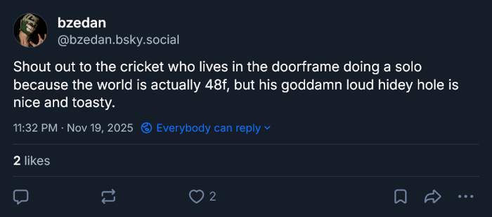Bluesky post from bzedan, "Shout out to the cricket who lives in the doorframe doing a solo because the world is actually 48f, but his goddamn loud hidey hole is nice and toasty."
