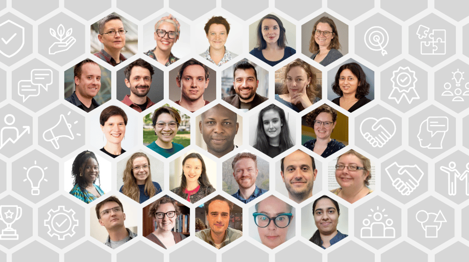 Alt: Collage of SSI fellows stitched together into a mosaic in the shape of hexagons. A cluster 27 hexagons feature portraits of the 27 fellows, surrounded by grey hexagons that have various white icons representing collaboration, communication and research surrounding them