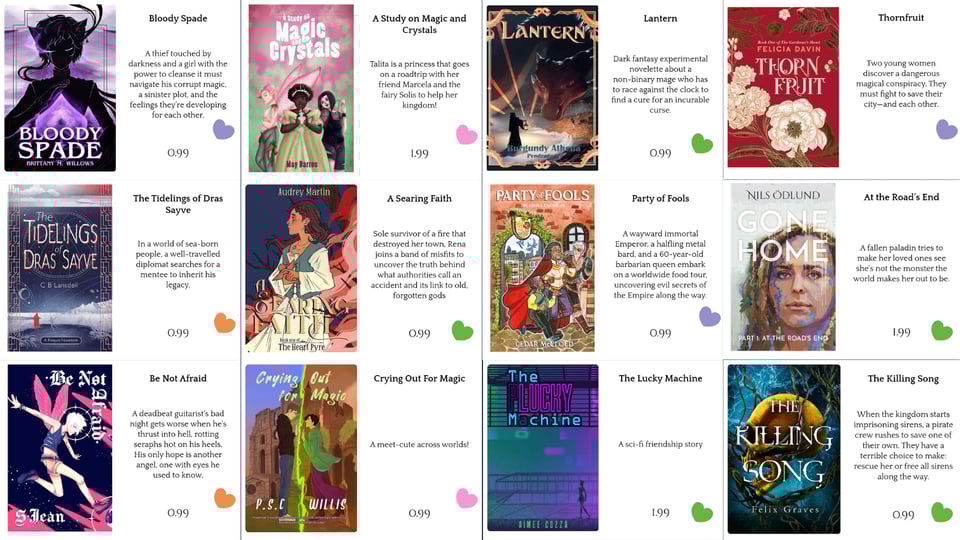 12 books with short descriptions and a coloured hearts. The books are BLOODY SPADE by B. M. Willows (purple heart), A STUDY IN MAGIC AND CRYSTALS by May Barros (pink heart), LANTERN by Burgundy Athena Pendragon (green heart), THORNFRUIT by Felicia Day (purple heart), THE TIDELINGS OF DRAS SAYVE by C.B. Lansdell (orange heart), A SEARING FAITH by Audrey Martin (green heart), PARTY OF FOOLS by Cedar McCloud  (purple heart), GONE HOME by Nils Ödlund (green heart), CRYING OUT FOR MAGIC by P.S.C Willis (pink heart), THE LUCKY MACHINE by Aimee Cozza (green heart), THE KILLING SONG by Felix Graves (green heart)