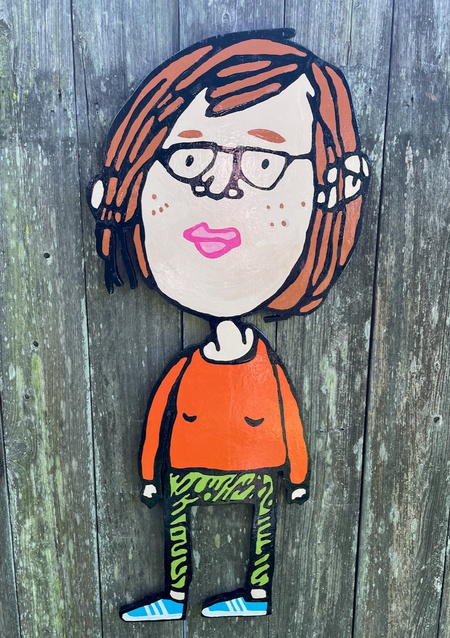 painting of friendly woman in striking garish workout clothes