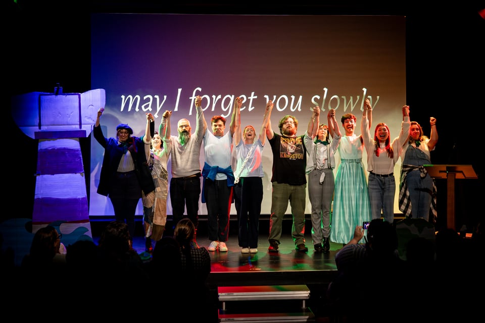 the full cast, arms clasped and raised above our heads, about to bow, while behind the screen says 'may i forget you slowly'