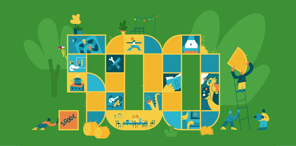 Illustration einer großen 500, in Quadrate unterteilt mit verschiedenen Ausschnitten aus einem Hausleben vor grünem Hintergrund.