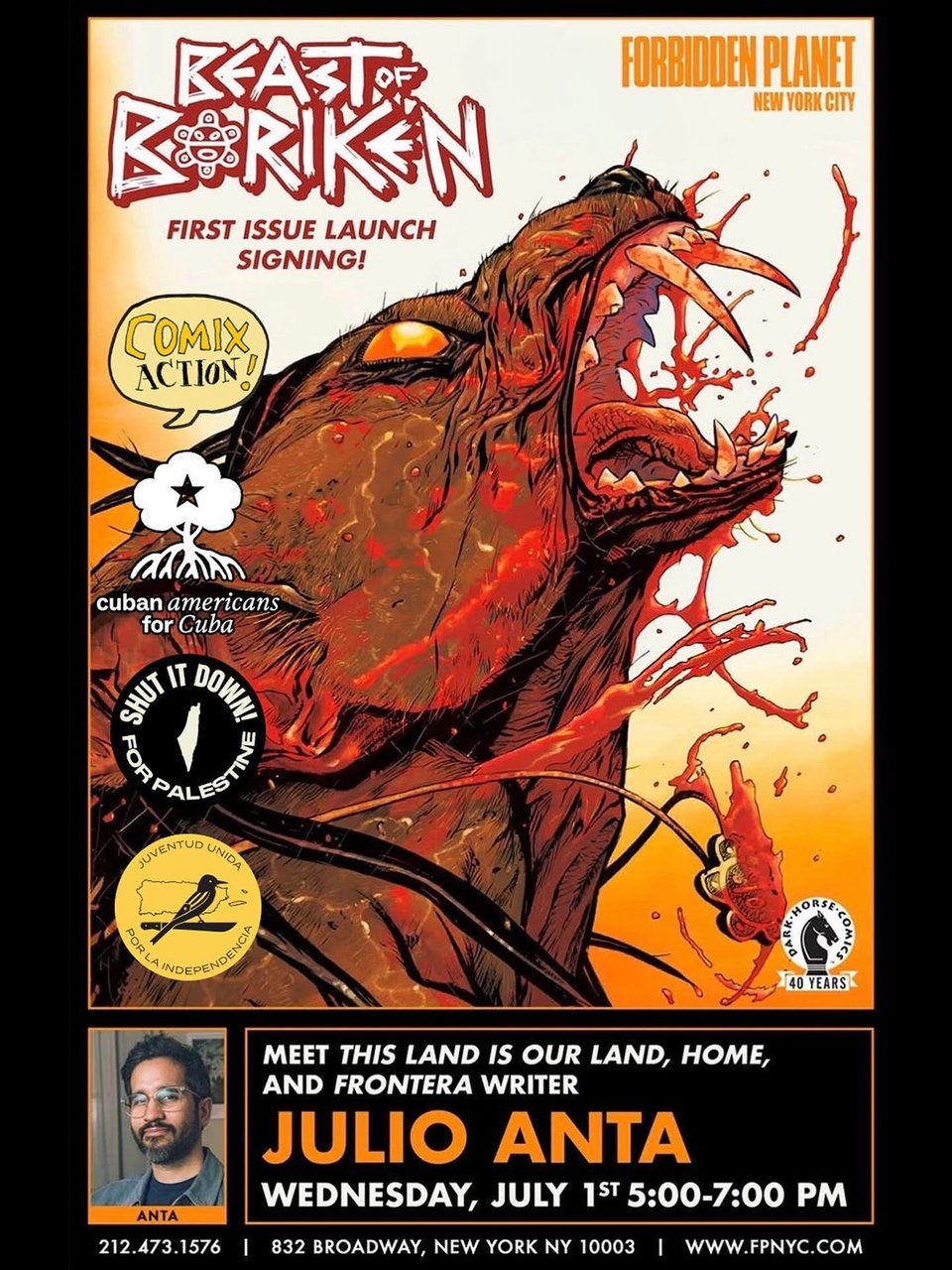 Graphic for Julio Anta's Beast of Borikén signing at Forbidden Planet on Wednesday, July 1st from 5-7 pm, 832 Broadway, NYC 10003, 212-473-1576
