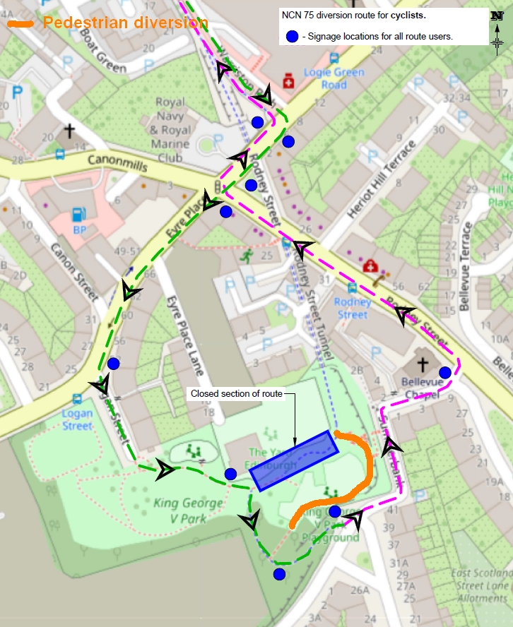 A complex map depicts the alternative route needed for both northbound and southbound cycle traffic to avoid the closure of the Rodney St Tunnel in Edinburgh.