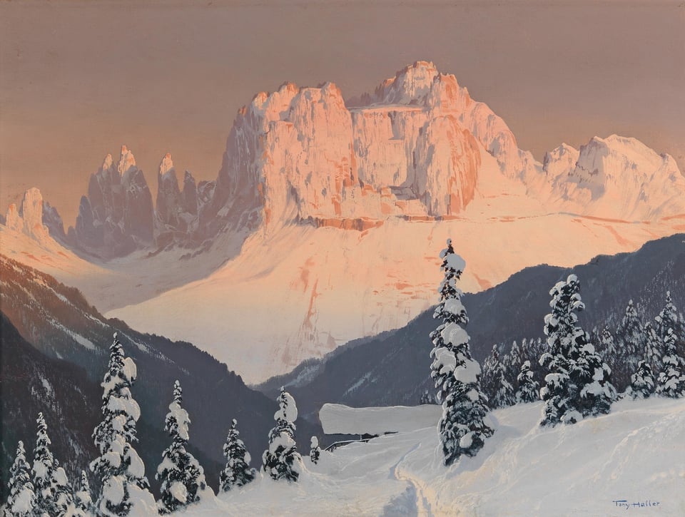Snowy mountains at sunset with pines covered in snow