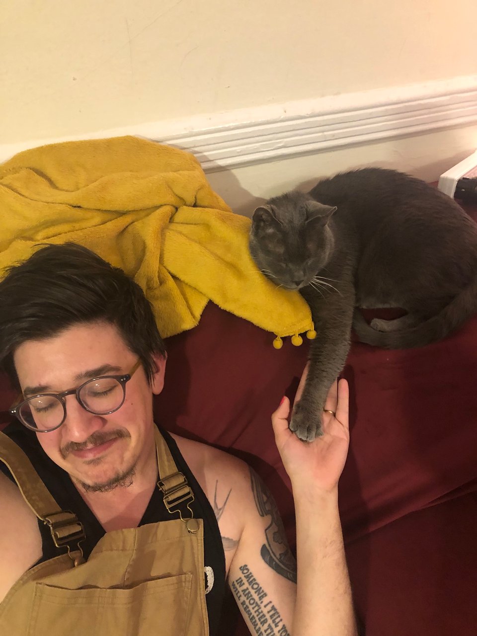 Nino is sitting on a red couch, with their hand held up. On the top of the couch, a gray cat extends his paw out, resting it in Nino's upstretched hand. The cat looks happy and content. Nino looks like they're dying of the cute.