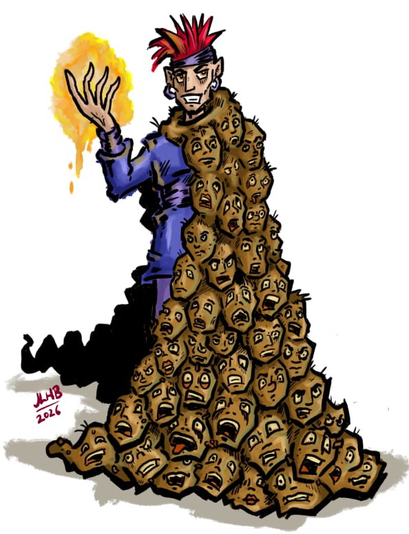 A drawing of an evil-looking man wearing a cloak made out of human faces. The faces look very upset. It's pretty gross. The man's hand is glowing, as though he is magical.