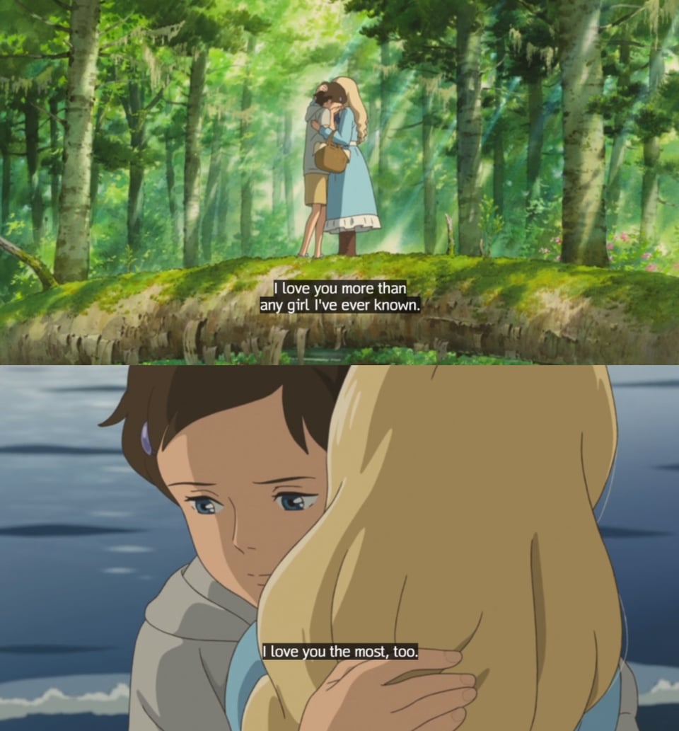 A collage of two screencaps. In the first, Anna and Marnie embrace in the woods. Marnie is saying,