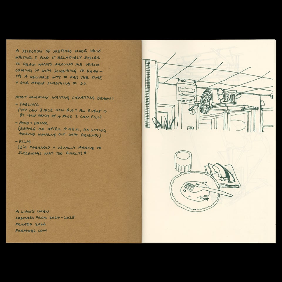 interior of the zine: a written intro & an observational sketch from a restaurant.