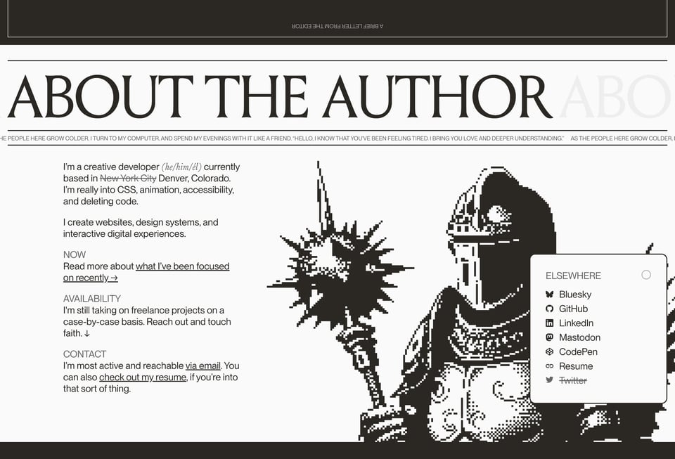 The About the author section on the home, featuring another pixel illustration, this time of a knight with a flail.