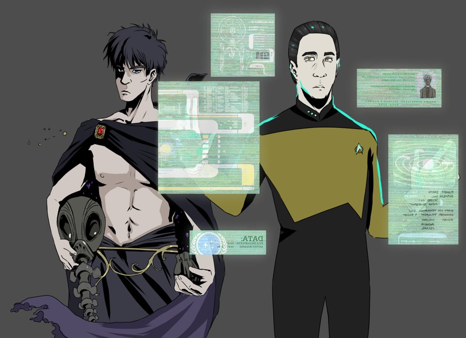 two characters, one from Sandman and one from Star Trek, drawn in the style of Hades (the video game). Morpheus is holding his helmet and has a cape over a bare chest, and Data is in his yellow uniform and is standing in front of several glowing blue screens with unintelligible information.