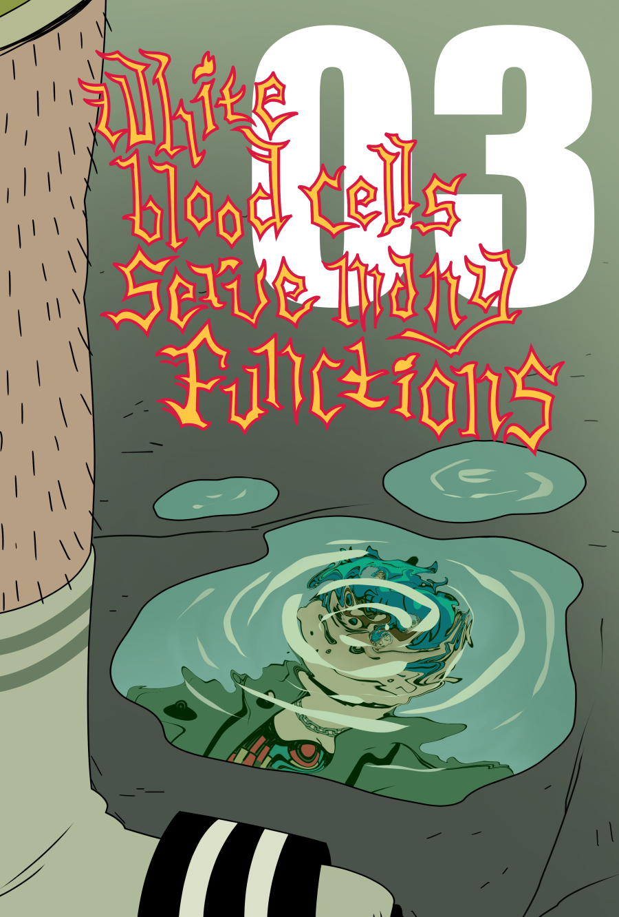 A title image of someone's hairy leg in the foreground as they look down into a puddle. In the reflection in the water we can see that it's Jane from Hole, but that her face has been badly distorted through light refraction. Text reads "White blood cells serve many functions".