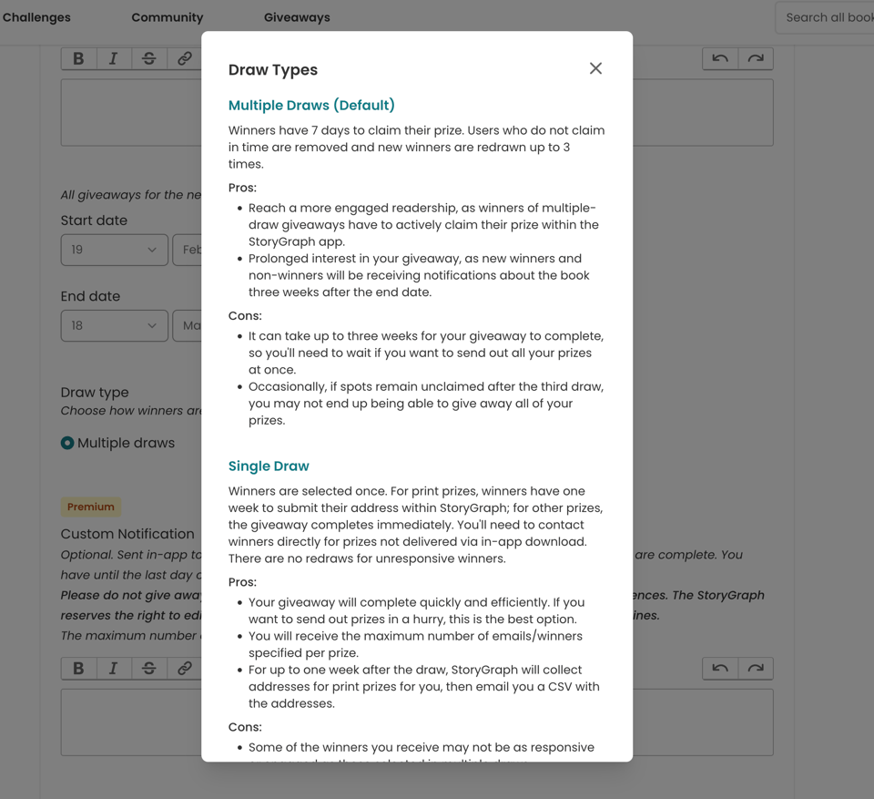 Modal titled ‘Draw Types’ explaining Multiple Draws (Default) and Single Draw giveaways. Each section lists a description with pros and cons in bullet points. The background shows a blurred giveaway setup form.