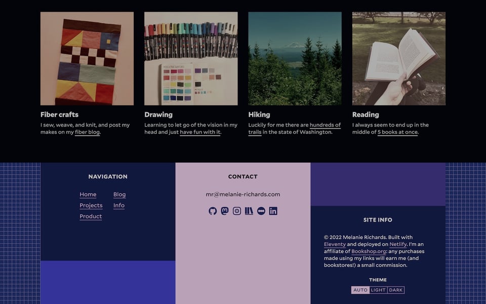 The info page with images and links to Melanies interests like fiber crafts, drawing, hiking, and reading