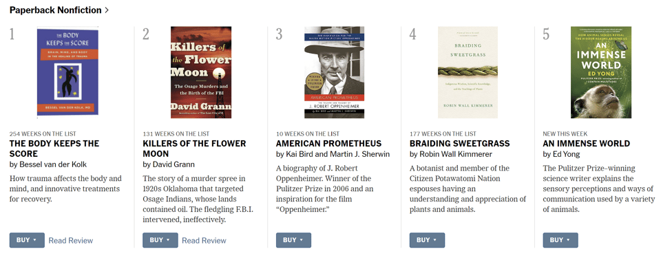 A screengrab of the NYT bestseller list for paperback nonfiction, with An Immense World at 5.
