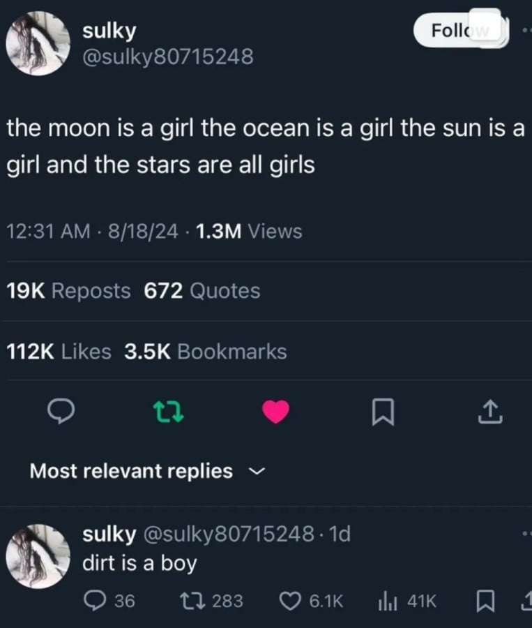 @sulky80715248: the moon is a girl the ocean is a girl the sun is a girl and the stars are all girls // dirt is a boy