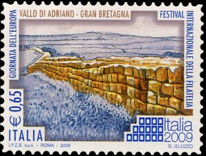 A postage stamp depicting Hadrian's Wall