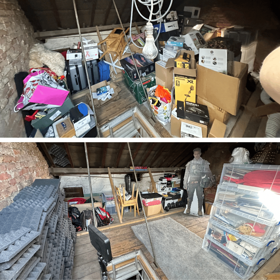 Before and after images of my loft - before is a huge mess, after looks like a beautiful oasis.
