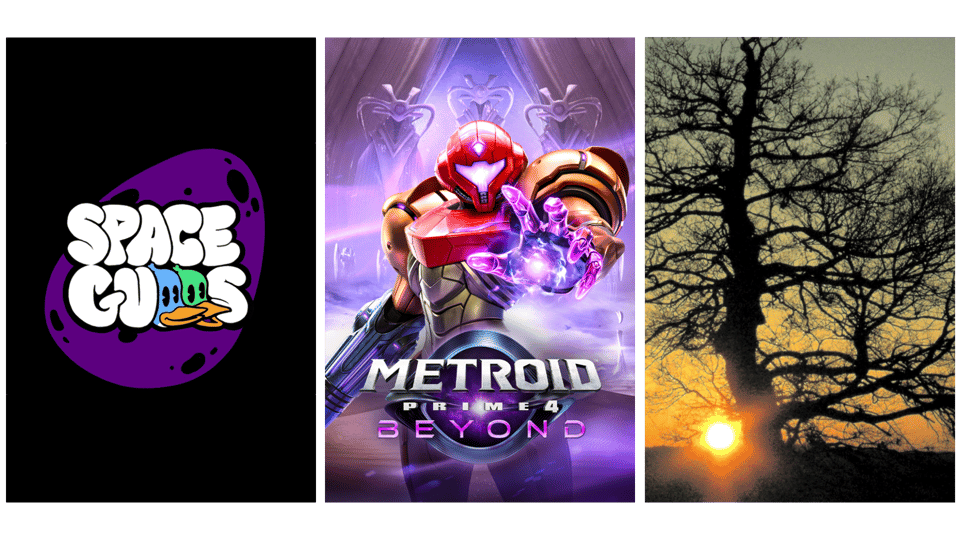 Collage of Spacegulls, Metroid Prime 4, and the Mountain Goats album cover