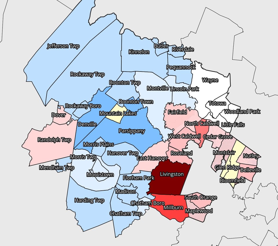 A map of NJ11 showing that in most of the Morris county areas, the Democrat out performed party registration, but in Livingston and Millburn the Republican got far more votes that would be expected by party population.