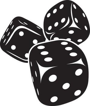 three dice black with white pips, rolling dynamically across a white space