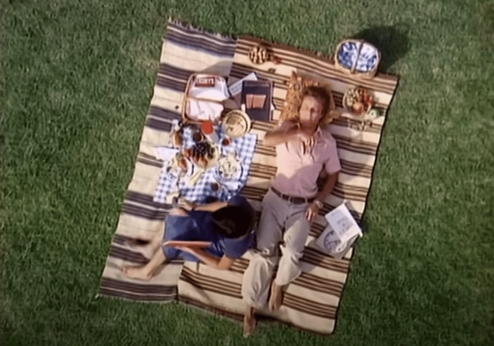 A frame from an old film (from 1977) showing a couple, shot from the top down, laying on a striped picnic blanket. The man is relining on his back, and the woman is holding a book. They are surrounded by snacks and grass.