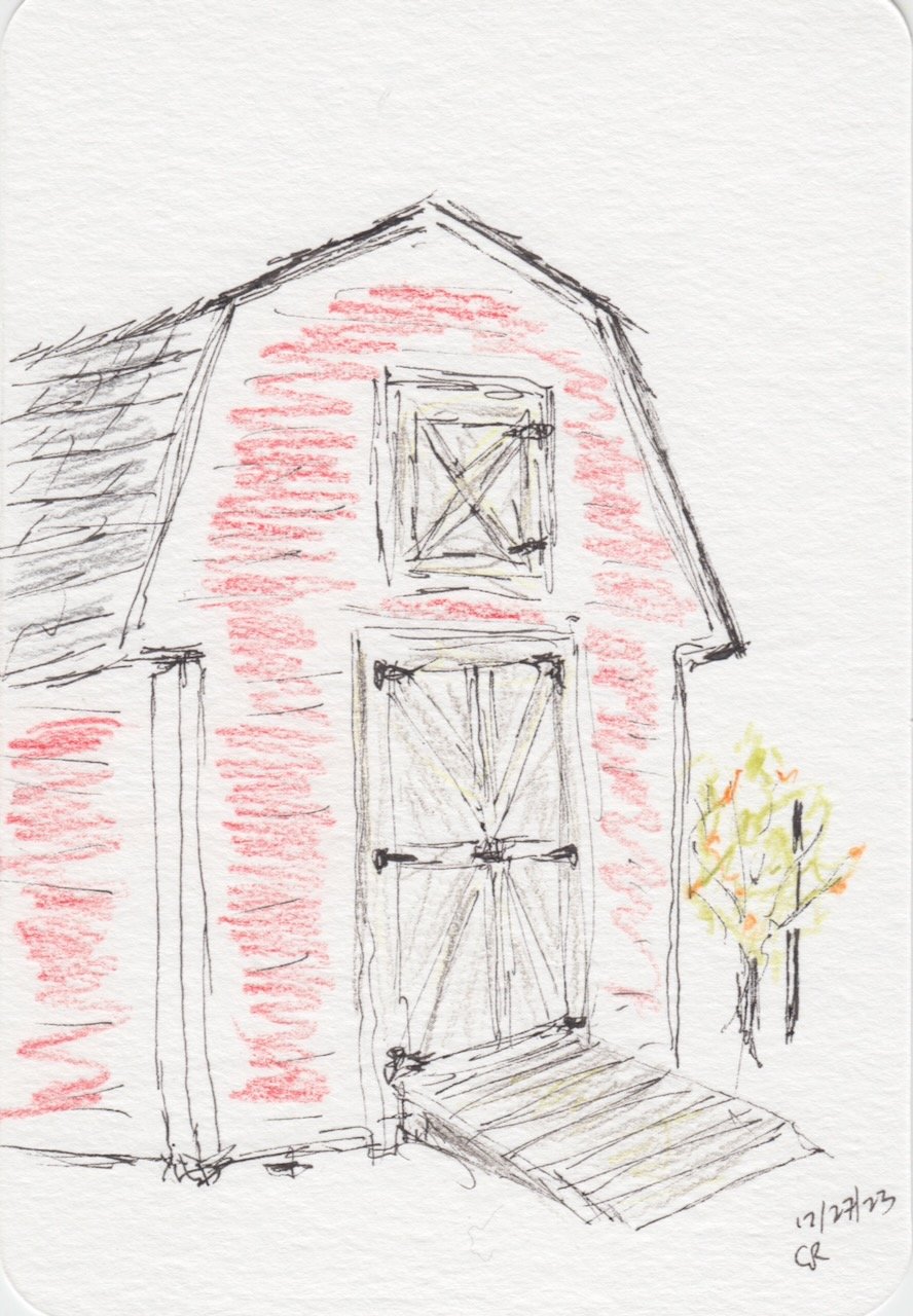 Pen & watercolor-pencil postcard sketch of a shed/barn