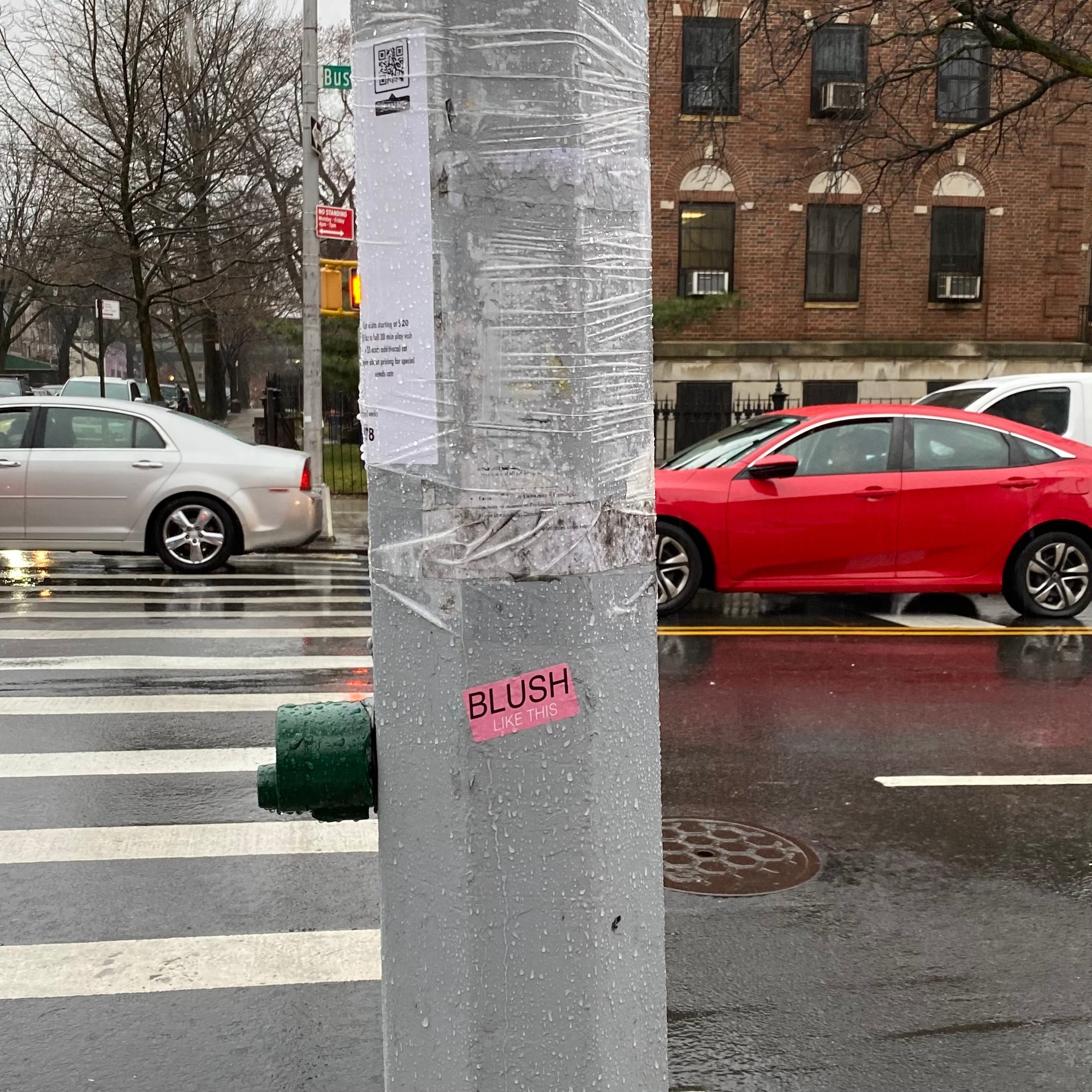 Image of a telephone pole with a pink sticker sticking on its side that says, "BLUSH LIKE THIS." Or maybe, "BLUSH, LIKE THIS." Cars are coming and going on the street in the background on a rainy day.