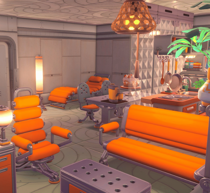 Orange and gray furniture placed in a room on the spaceship. The furniture is made of rounded cushions vertically stacked, and the gray tabletops and chair backs are made of dark gray material with holes drilled through.