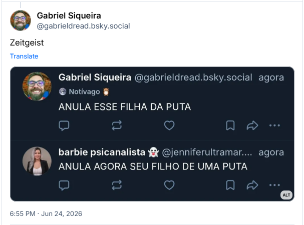 Post de Gabriel Siqueira (‪@gabrieldread.bsky.social‬): Zeitgeist

Contém imagem com seguinte descrição: Meu post seguido do post da barbie psicanalista: ANULA AGORA SEU FILHO DE UMA PUTA