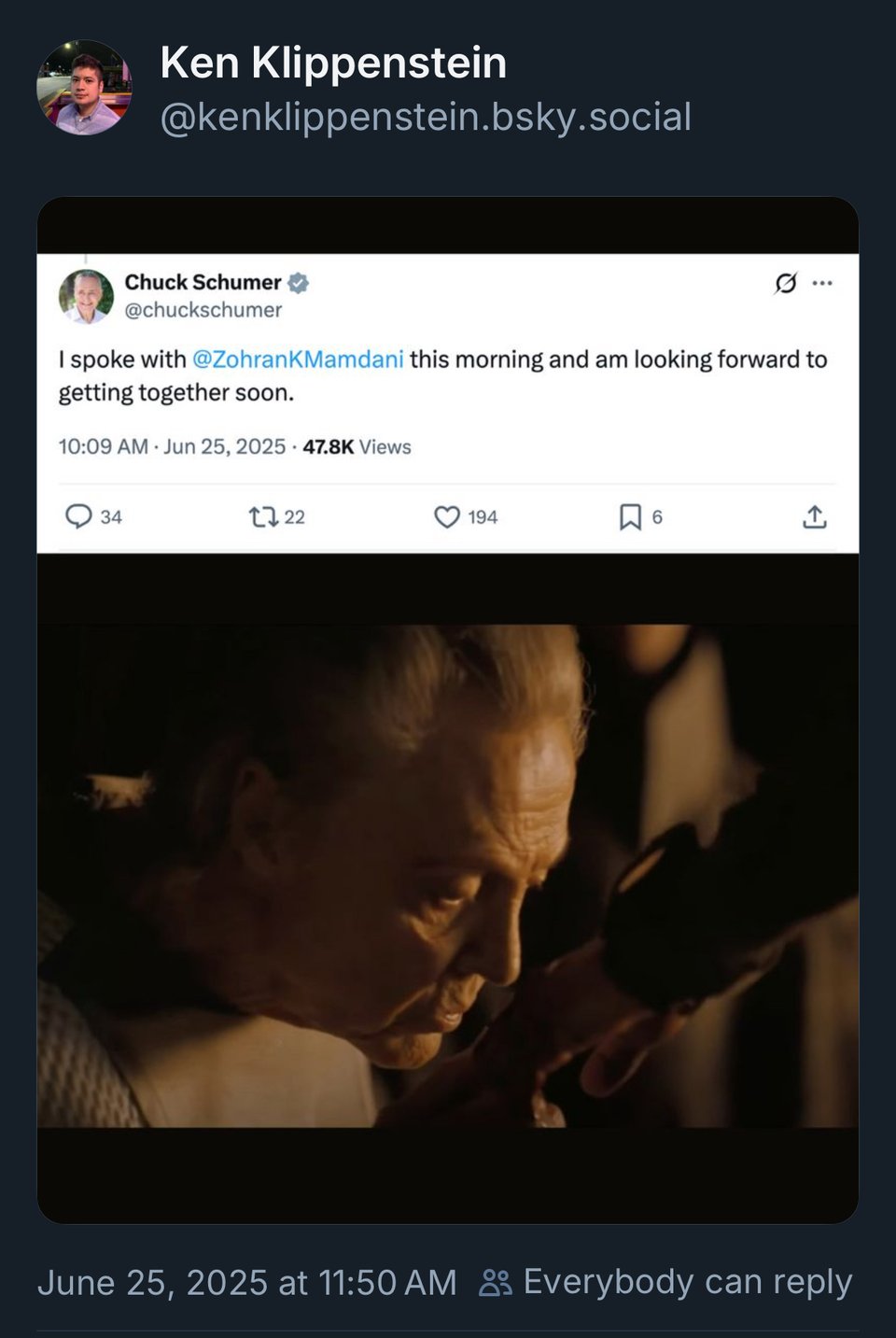 A bluesky post from Ken Klippenstein, showing a tweet from Senator Chuck Schumer saying 'he is looking forward to getting together (with Zohran) soon' and a photo below of the emperor of the universe from Dune Part II kissing the hand of Paul Atreides. 