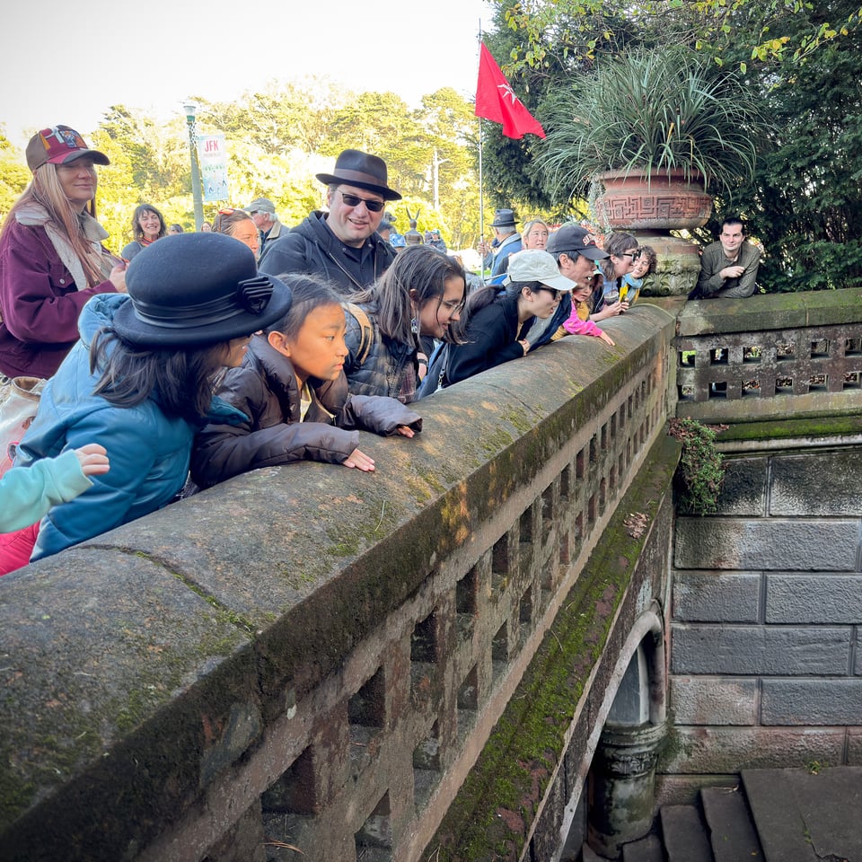 Explorers peering over a bridge