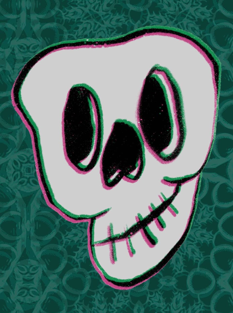 A smiling skull with an abstract background